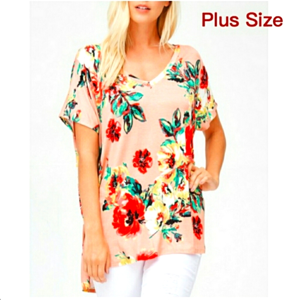 a.gain peach floral print v-neck t-shirt with hi-low hem 2X